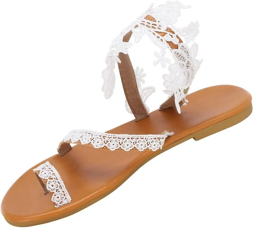 EMRELOD Women's Sandals Flat Clip Toe Casual Lace Floral Beach Flip Flop Comfy Shoes Summer Elegant Toe Ring Roman Sandals Slip On Boho Dressy Traval Sandal (White, 5.5)