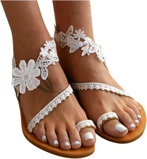 EMRELOD Women's Sandals Flat Clip Toe Casual Lace Floral Beach Flip Flop Comfy Shoes Summer Elegant Toe Ring Roman Sandals Slip On Boho Dressy Traval Sandal (White, 5.5)