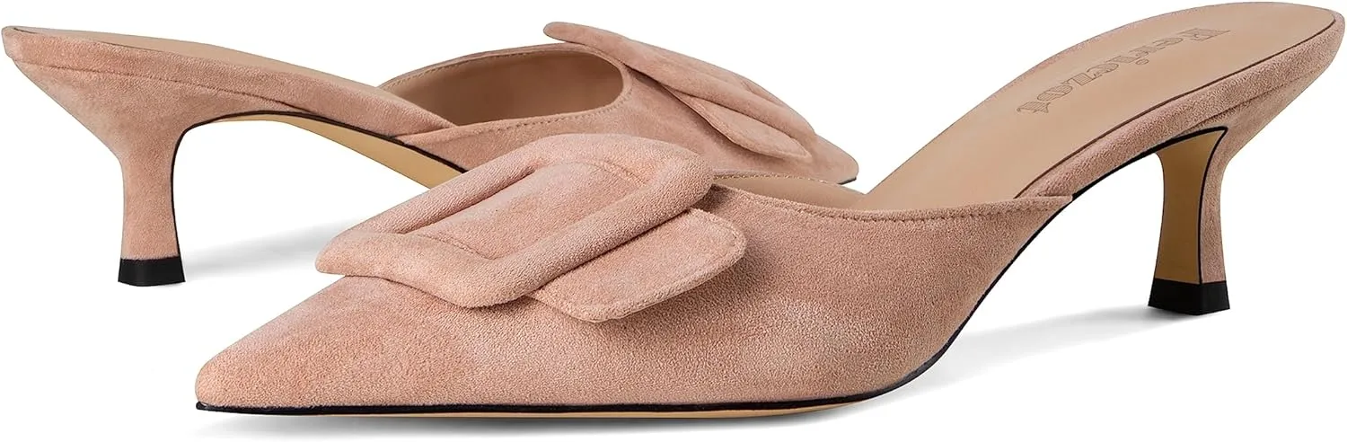 Fericzot Mule Slippers for Women,Slingback Buckle Pumps Pointed Toe Kitten Heels Shoes Slides Backless Dress Sandals