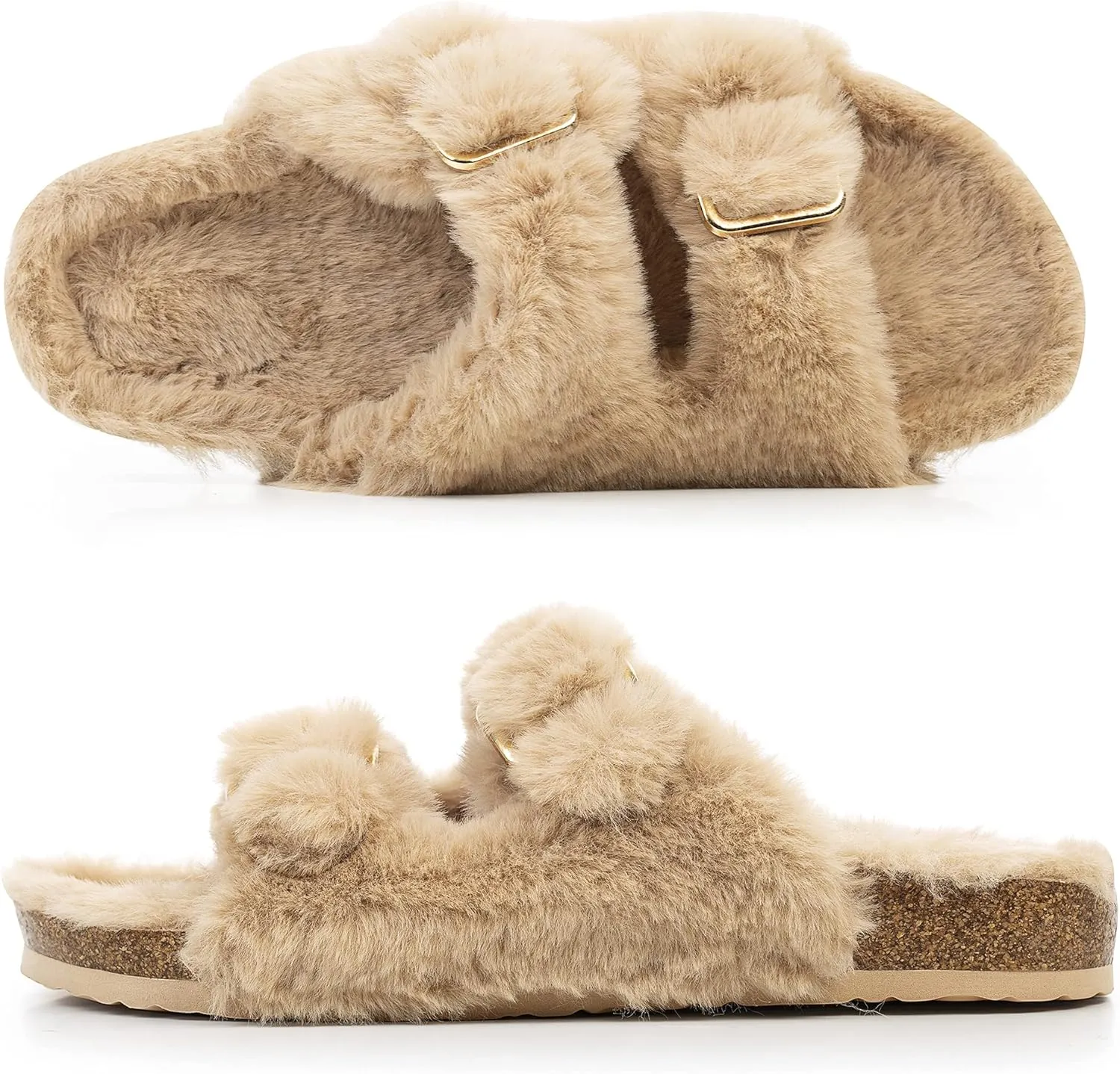 FITORY Womens Open Toe Slipper with Cozy Lining,Faux Rabbit Fur Cork Slide Sandals Size 6-11