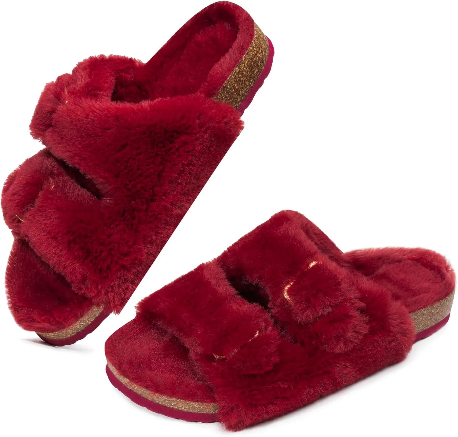 FITORY Womens Open Toe Slipper with Cozy Lining,Faux Rabbit Fur Cork Slide Sandals Size 6-11