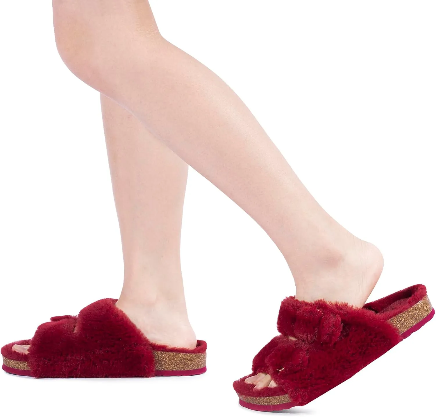 FITORY Womens Open Toe Slipper with Cozy Lining,Faux Rabbit Fur Cork Slide Sandals Size 6-11