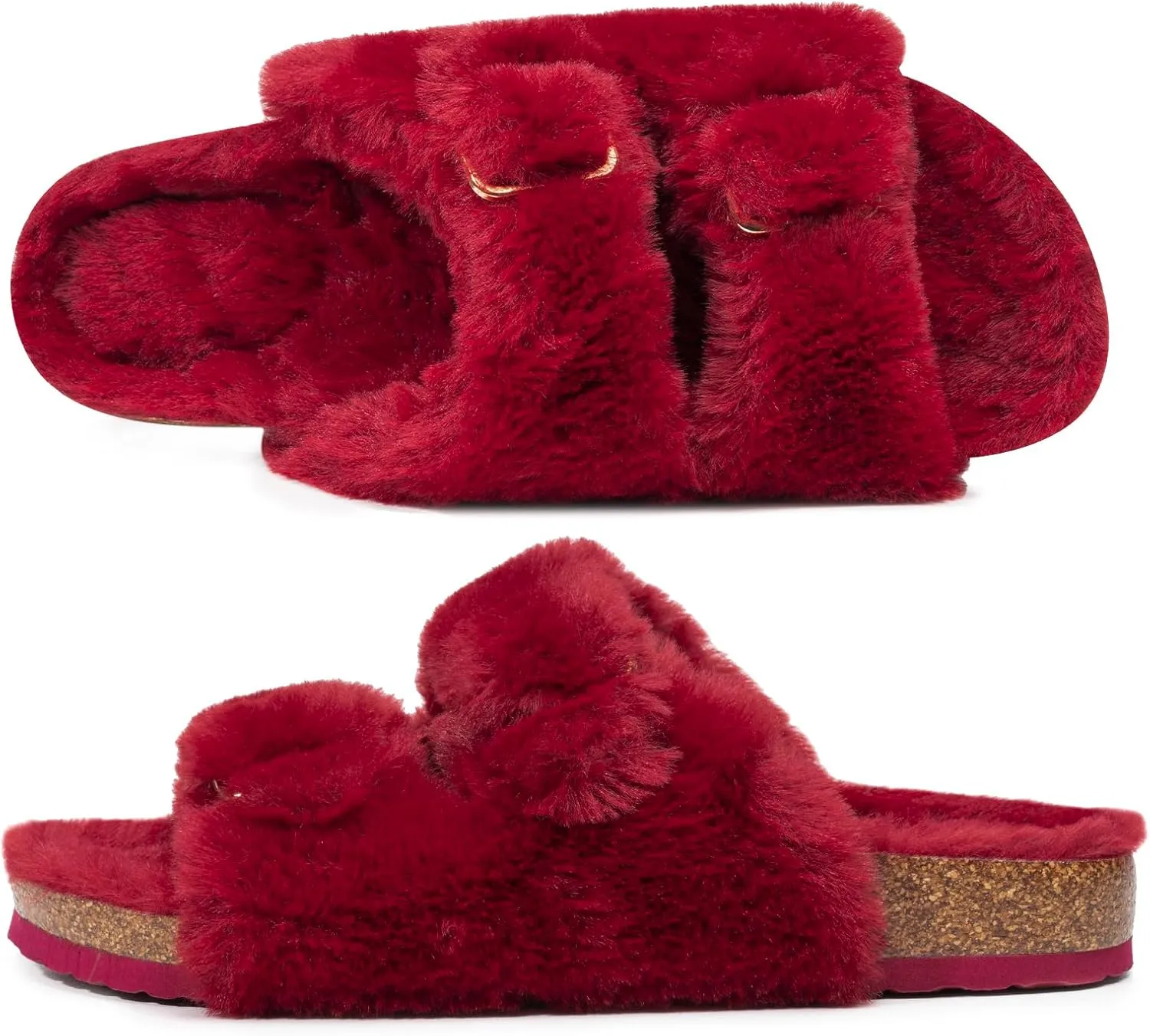 FITORY Womens Open Toe Slipper with Cozy Lining,Faux Rabbit Fur Cork Slide Sandals Size 6-11