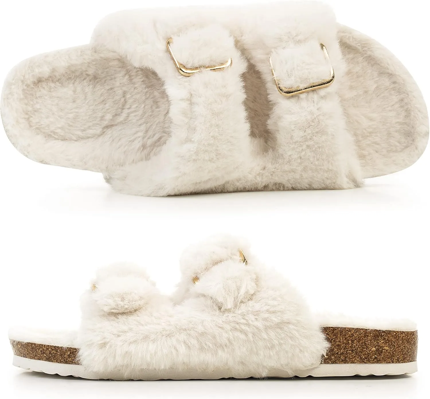 FITORY Womens Open Toe Slipper with Cozy Lining,Faux Rabbit Fur Cork Slide Sandals Size 6-11