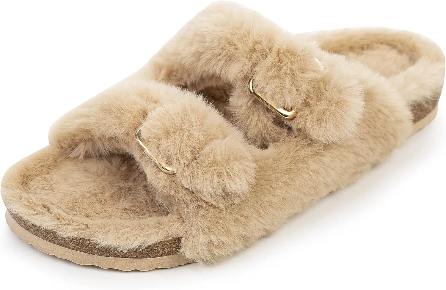 FITORY Womens Open Toe Slipper with Cozy Lining,Faux Rabbit Fur Cork Slide Sandals Size 6-11