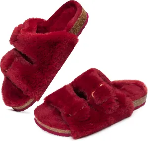FITORY Womens Open Toe Slipper with Cozy Lining,Faux Rabbit Fur Cork Slide Sandals Size 6-11