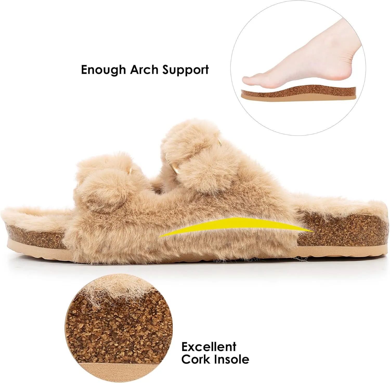 FITORY Womens Open Toe Slipper with Cozy Lining,Faux Rabbit Fur Cork Slide Sandals Size 6-11