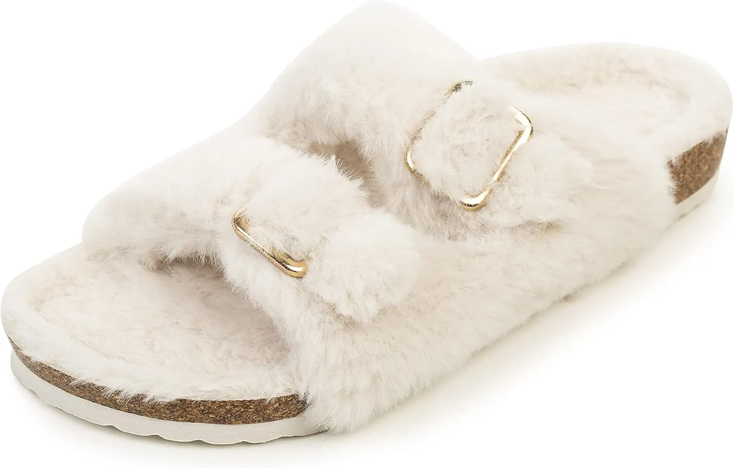 FITORY Womens Open Toe Slipper with Cozy Lining,Faux Rabbit Fur Cork Slide Sandals Size 6-11