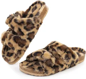 FITORY Womens Open Toe Slipper with Cozy Lining,Faux Rabbit Fur Cork Slide Sandals Size 6-11