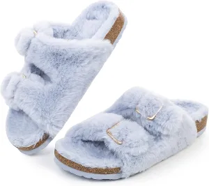 FITORY Womens Open Toe Slipper with Cozy Lining,Faux Rabbit Fur Cork Slide Sandals Size 6-11