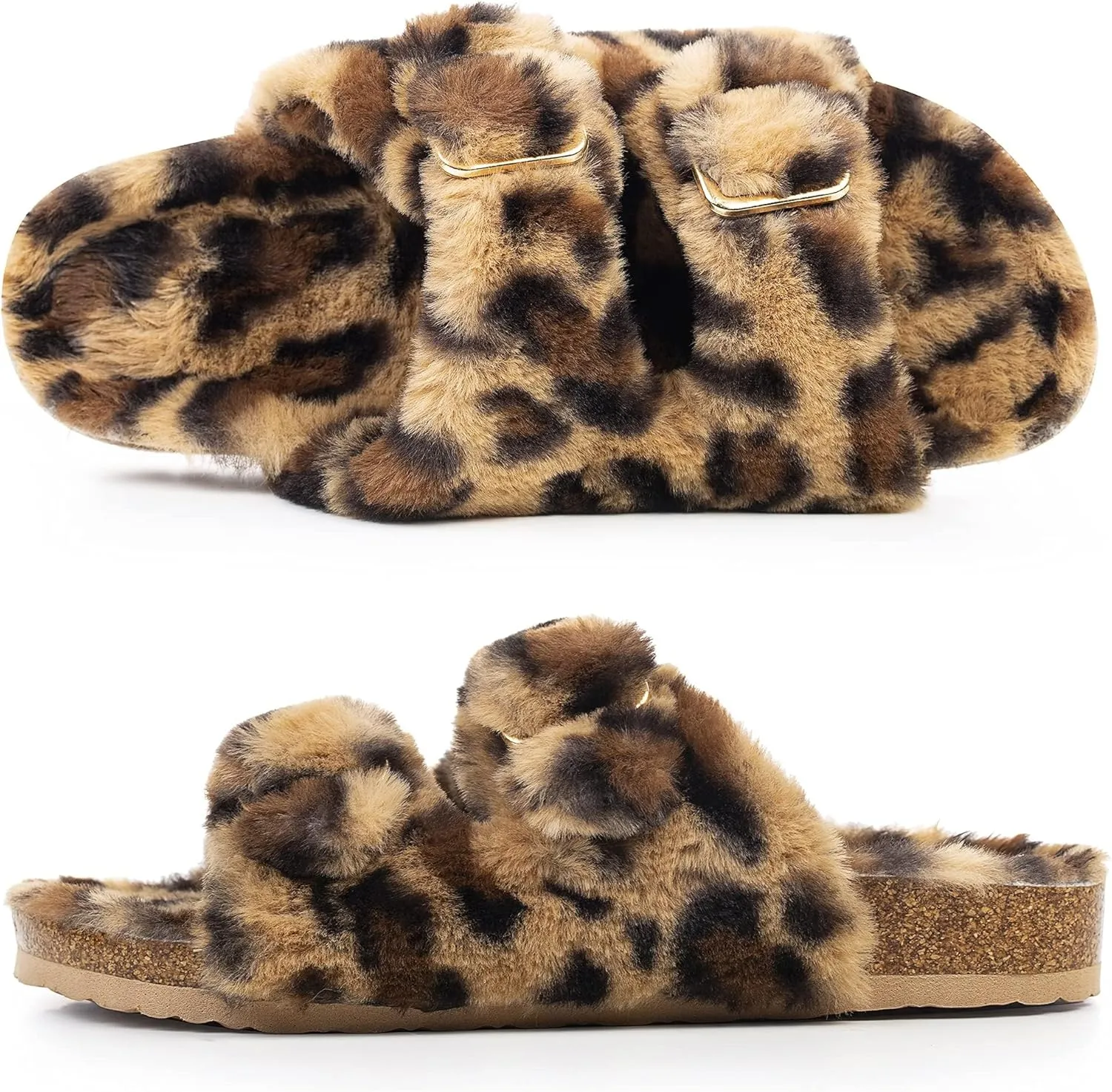 FITORY Womens Open Toe Slipper with Cozy Lining,Faux Rabbit Fur Cork Slide Sandals Size 6-11