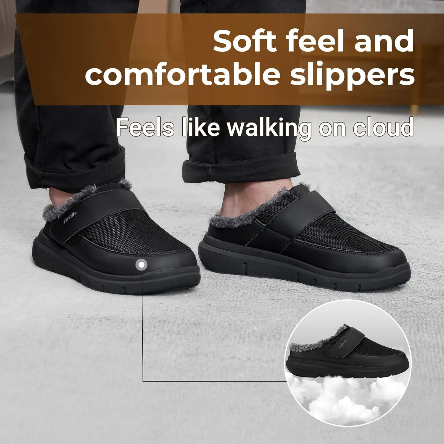 FitVille Recovery Winter Slipper for Men Warm Fur Lining Home Slipper Booties Wide Width Winter Clogs for Men Diabetes Plantar Fasciitis Foot Pain Relief