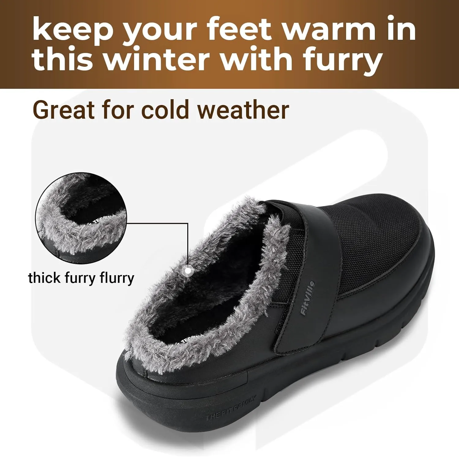 FitVille Recovery Winter Slipper for Men Warm Fur Lining Home Slipper Booties Wide Width Winter Clogs for Men Diabetes Plantar Fasciitis Foot Pain Relief