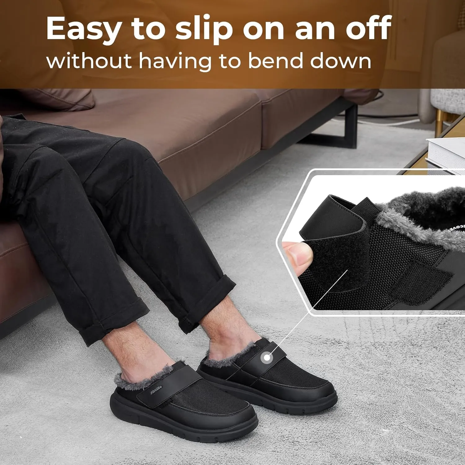 FitVille Recovery Winter Slipper for Men Warm Fur Lining Home Slipper Booties Wide Width Winter Clogs for Men Diabetes Plantar Fasciitis Foot Pain Relief