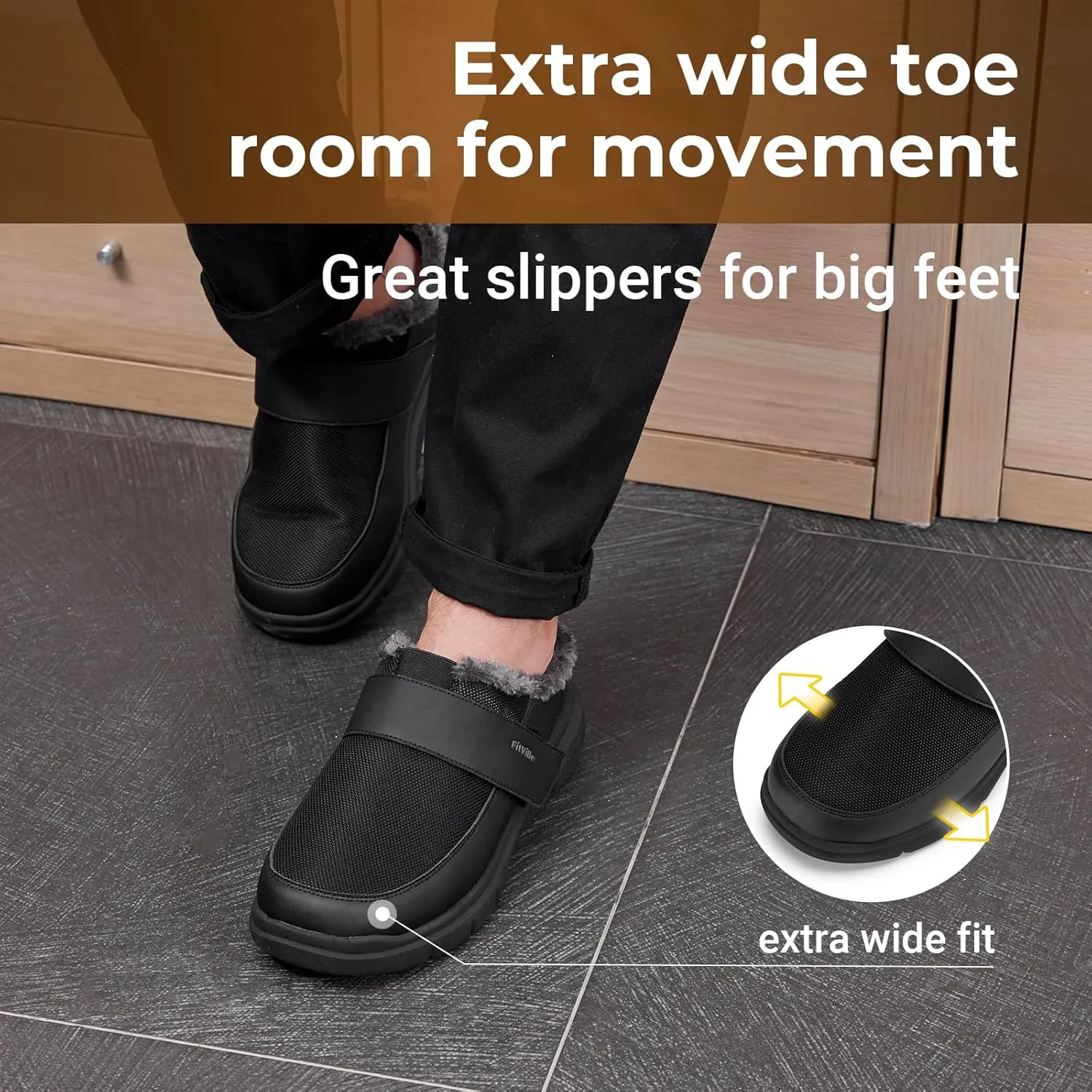 FitVille Recovery Winter Slipper for Men Warm Fur Lining Home Slipper Booties Wide Width Winter Clogs for Men Diabetes Plantar Fasciitis Foot Pain Relief