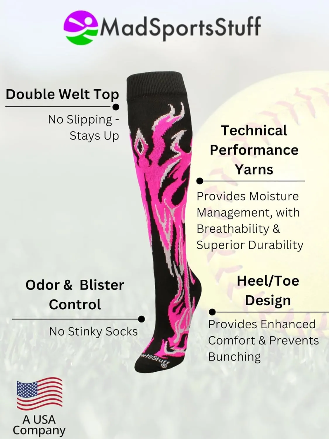 Flame Fire Softball Socks for Girls, Boys, Women, and Men Youth & Adult Over the Calf Fun Team Socks