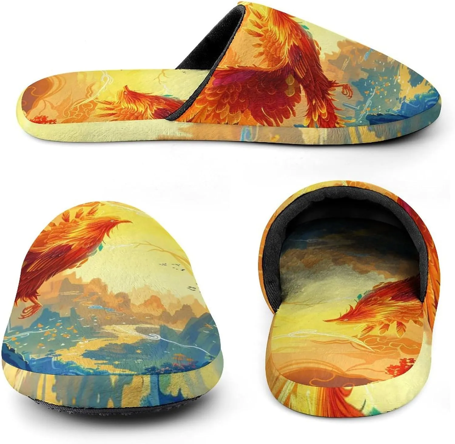 Flying Dragon Phoenix Bird Men's Cotton Slippers Slip-on House Slippers Warm Home Shoses with Rubber Sole