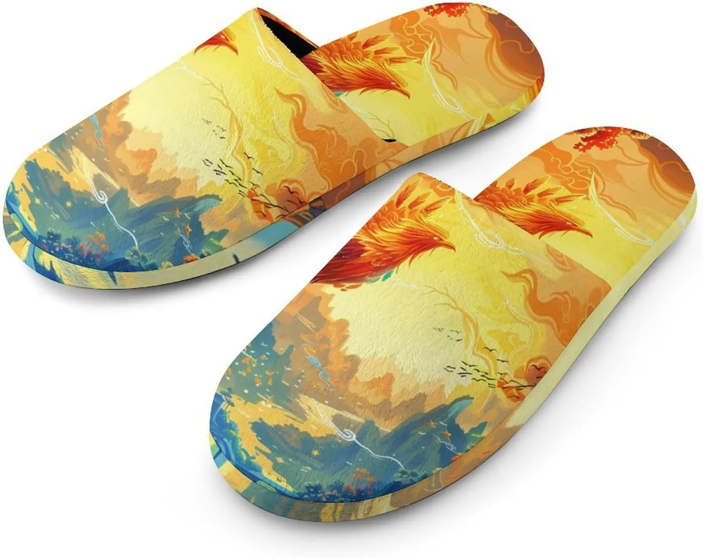 Flying Dragon Phoenix Bird Men's Cotton Slippers Slip-on House Slippers Warm Home Shoses with Rubber Sole