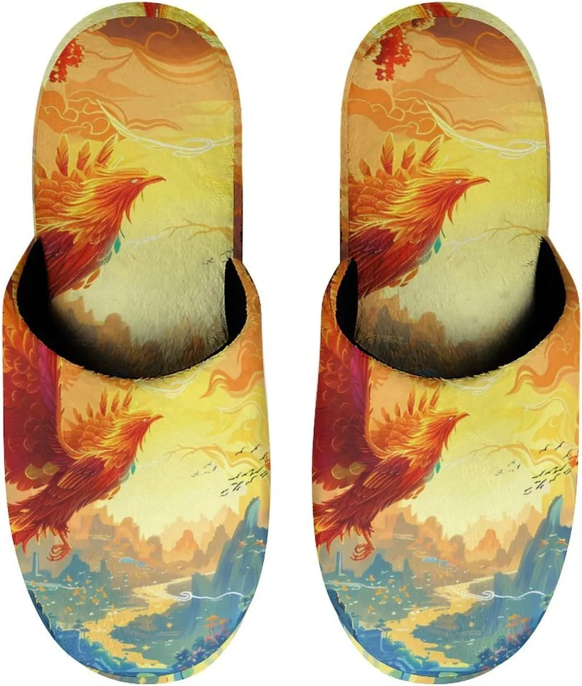 Flying Dragon Phoenix Bird Men's Cotton Slippers Slip-on House Slippers Warm Home Shoses with Rubber Sole