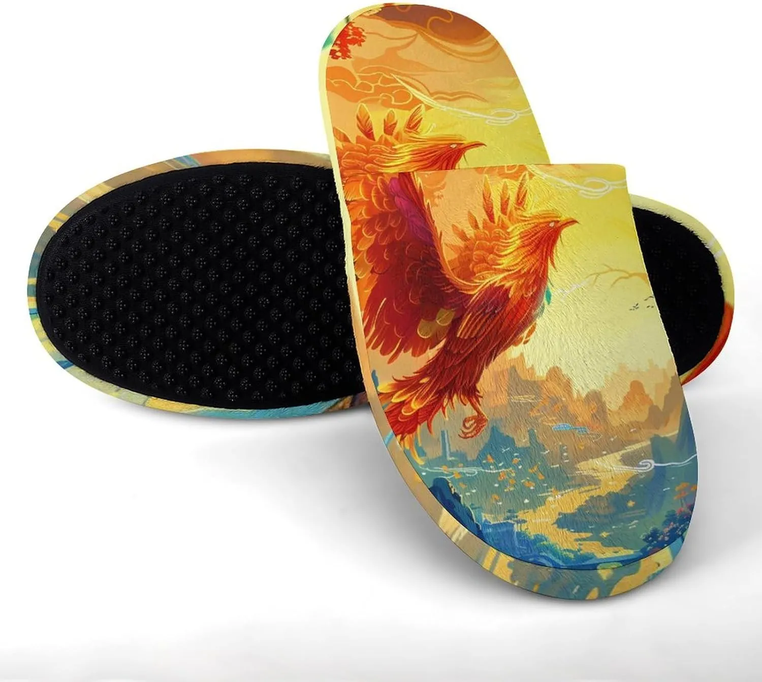 Flying Dragon Phoenix Bird Men's Cotton Slippers Slip-on House Slippers Warm Home Shoses with Rubber Sole