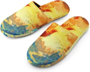 Flying Dragon Phoenix Bird Men's Cotton Slippers Slip-on House Slippers Warm Home Shoses with Rubber Sole