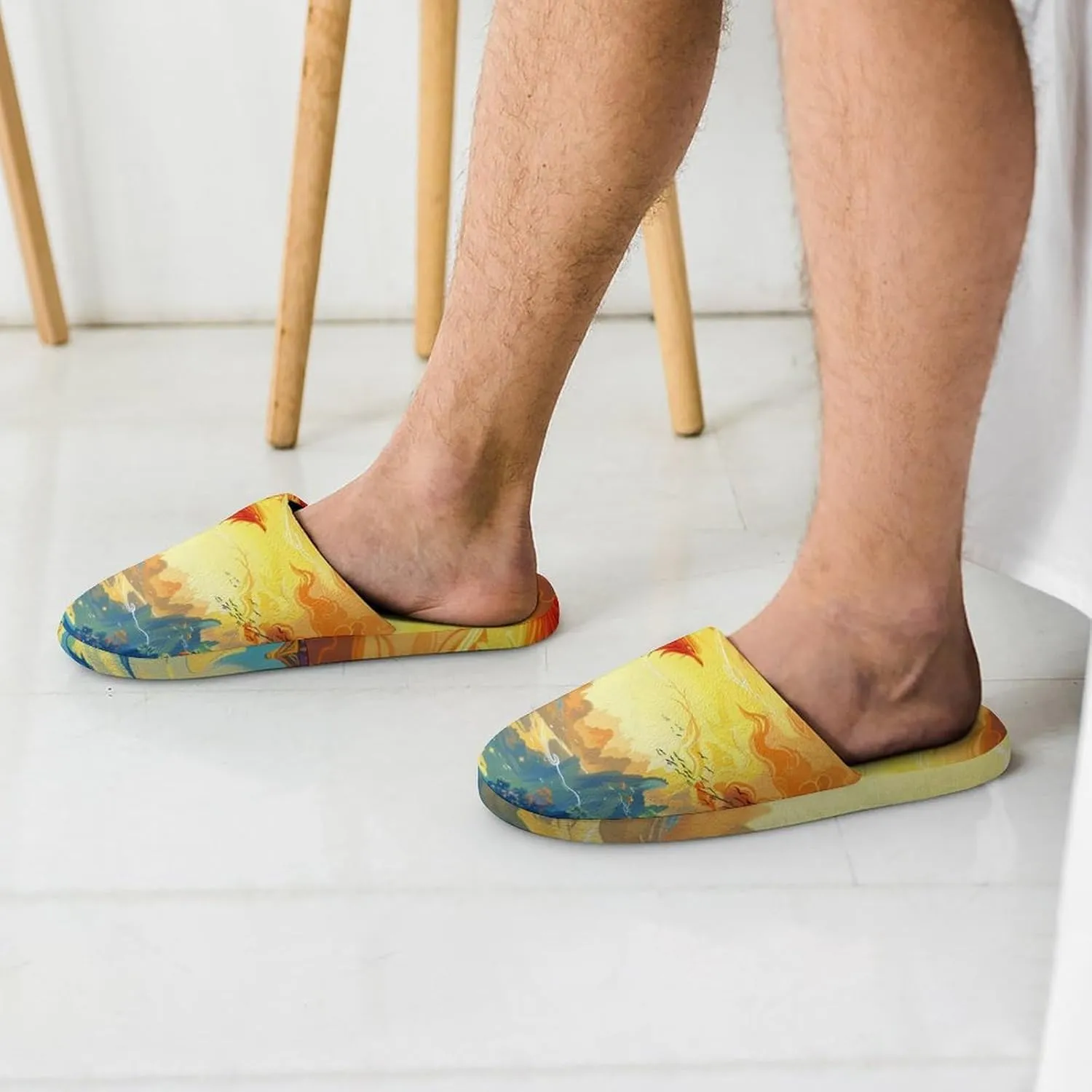 Flying Dragon Phoenix Bird Men's Cotton Slippers Slip-on House Slippers Warm Home Shoses with Rubber Sole