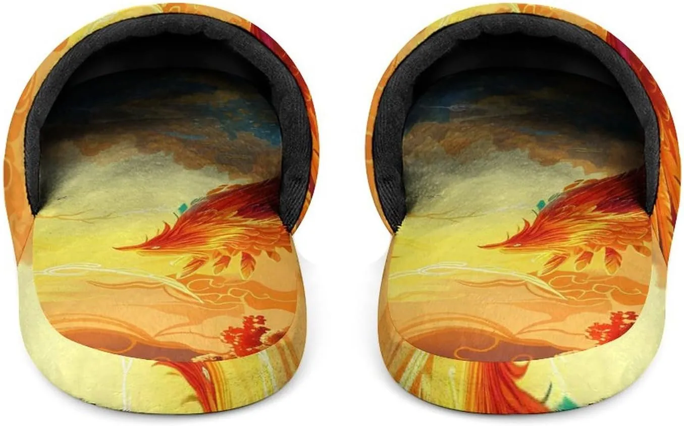 Flying Dragon Phoenix Bird Men's Cotton Slippers Slip-on House Slippers Warm Home Shoses with Rubber Sole