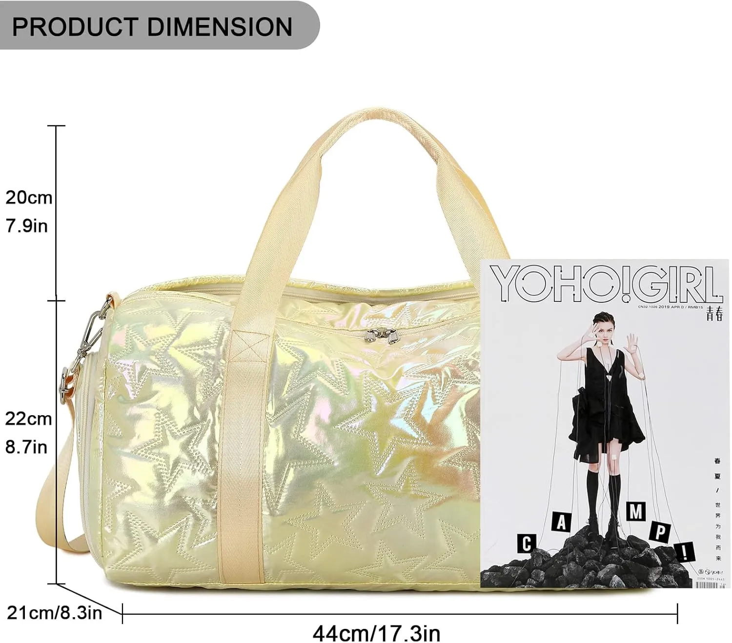 Forestfish Dance Bag For Girls, Small Gym Bag With Shoes Compartment Weekender Overnight Bag For Travel Lightweight Waterproof, Gold