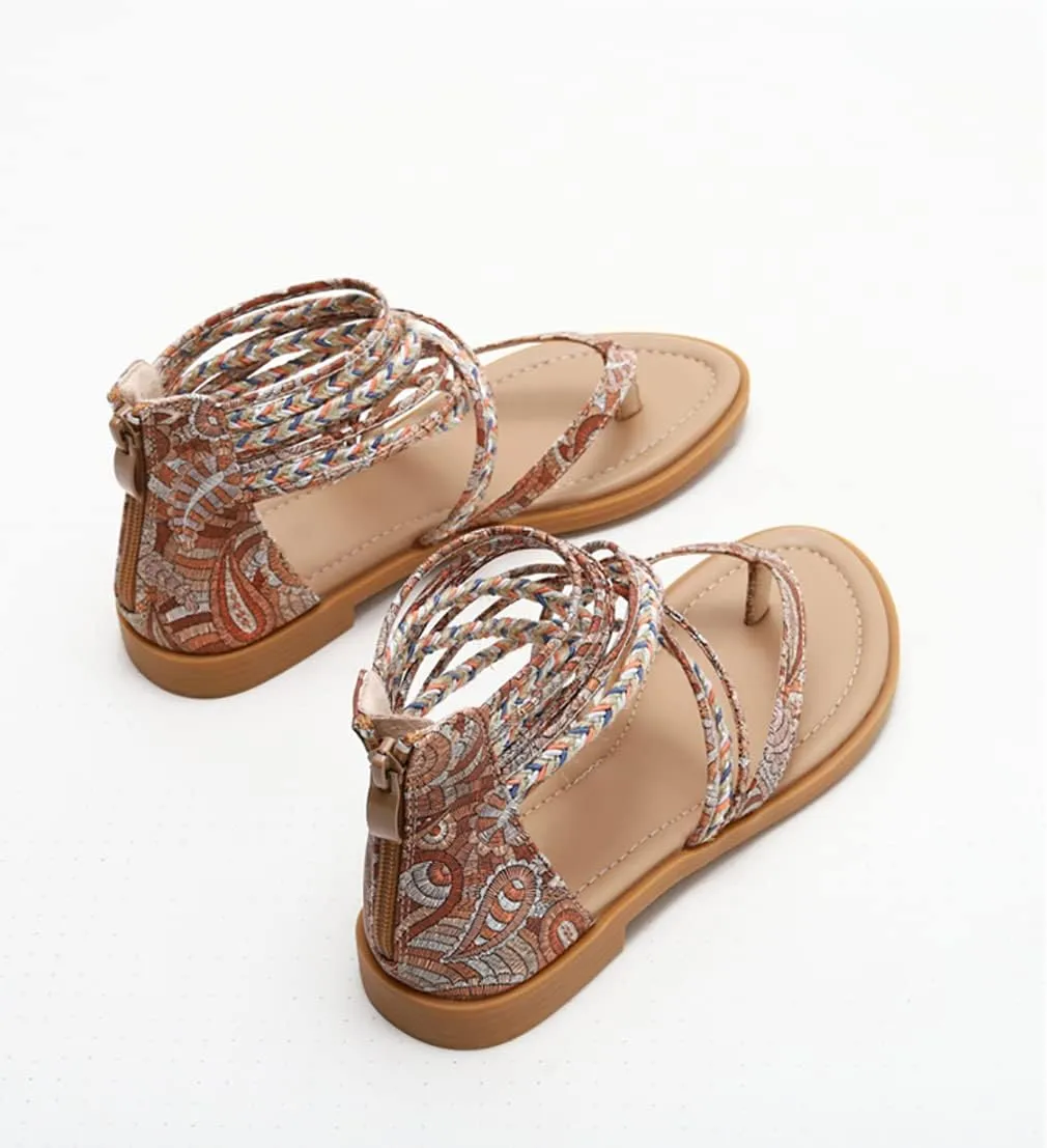 FRALOSHA Womens Sandals Summer Flat Thong Cross Strappy Beach Gladiator Shoes with Zipper