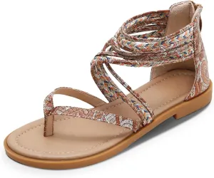 FRALOSHA Womens Sandals Summer Flat Thong Cross Strappy Beach Gladiator Shoes with Zipper