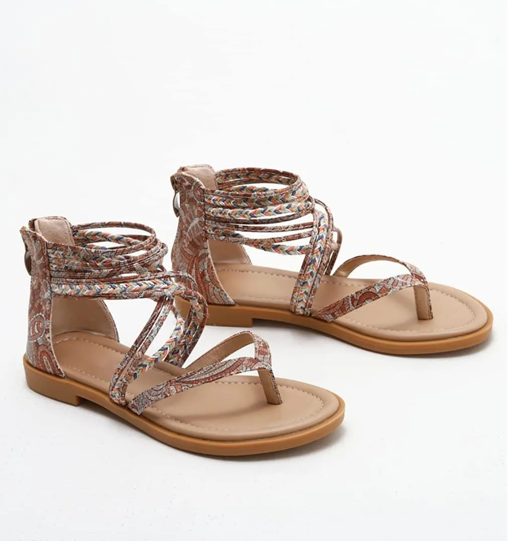 FRALOSHA Womens Sandals Summer Flat Thong Cross Strappy Beach Gladiator Shoes with Zipper
