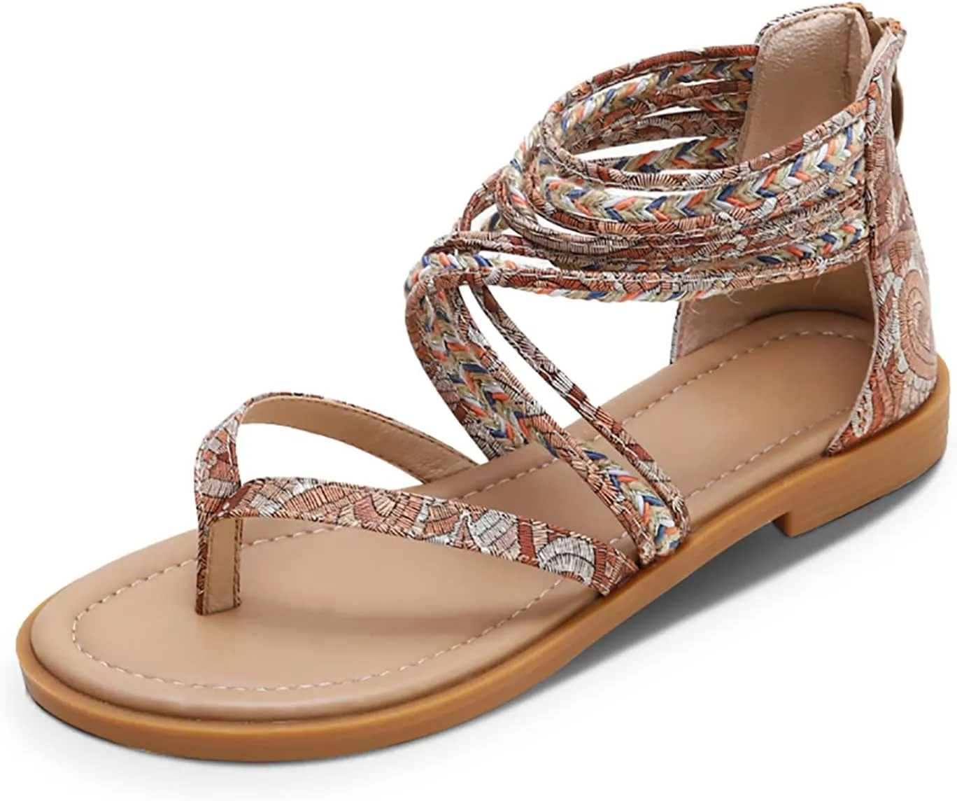 FRALOSHA Womens Sandals Summer Flat Thong Cross Strappy Beach Gladiator Shoes with Zipper