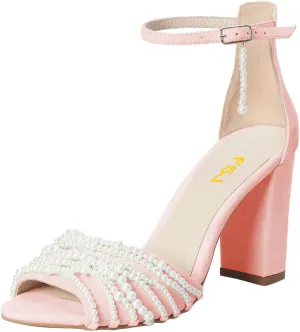 FSJ Women Multiple Pearl Strings Embellished Peep Open Toe Chunky High Heel Ankle Strap Buckle Sandals Wedding Bridal Party Prom Shoes Size 4-16 US
