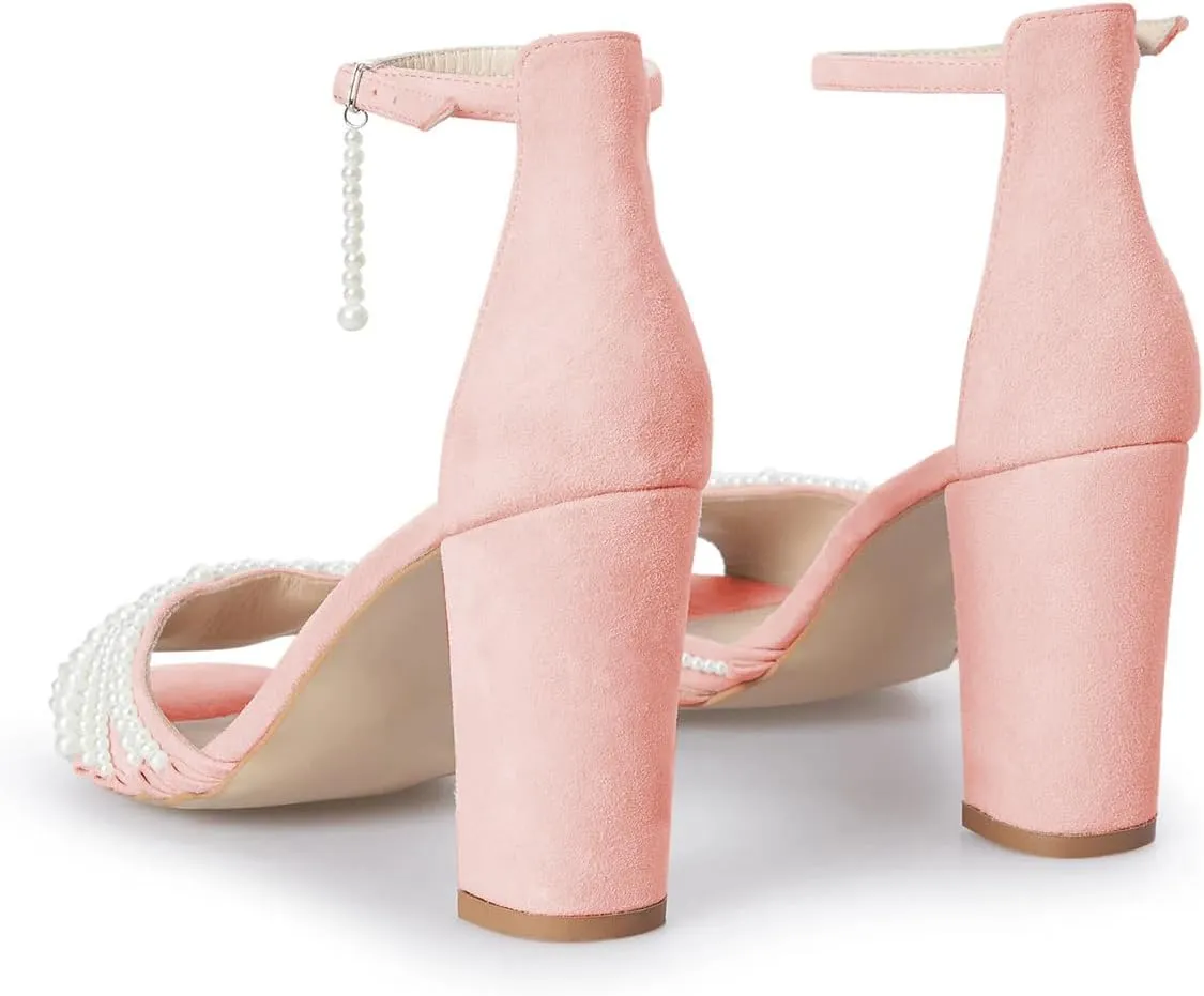 FSJ Women Multiple Pearl Strings Embellished Peep Open Toe Chunky High Heel Ankle Strap Buckle Sandals Wedding Bridal Party Prom Shoes Size 4-16 US