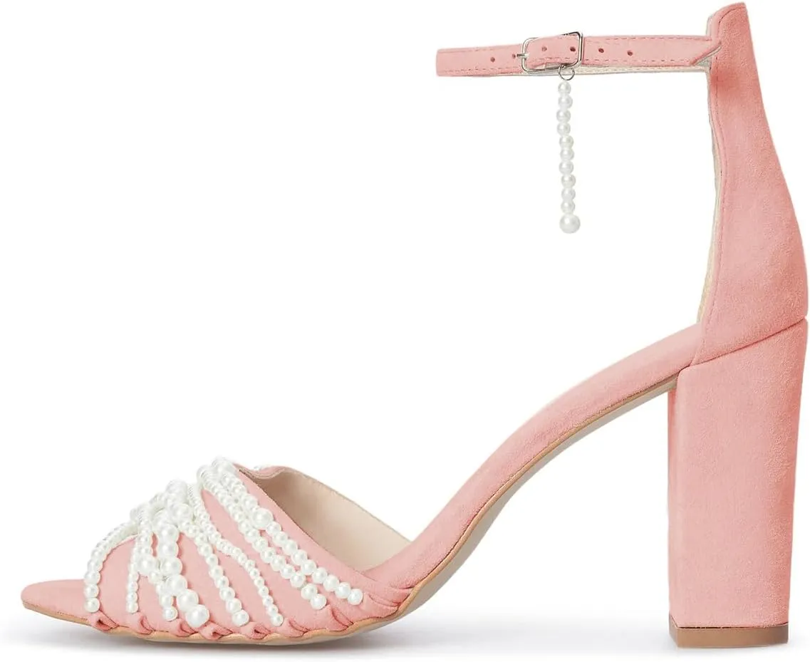 FSJ Women Multiple Pearl Strings Embellished Peep Open Toe Chunky High Heel Ankle Strap Buckle Sandals Wedding Bridal Party Prom Shoes Size 4-16 US