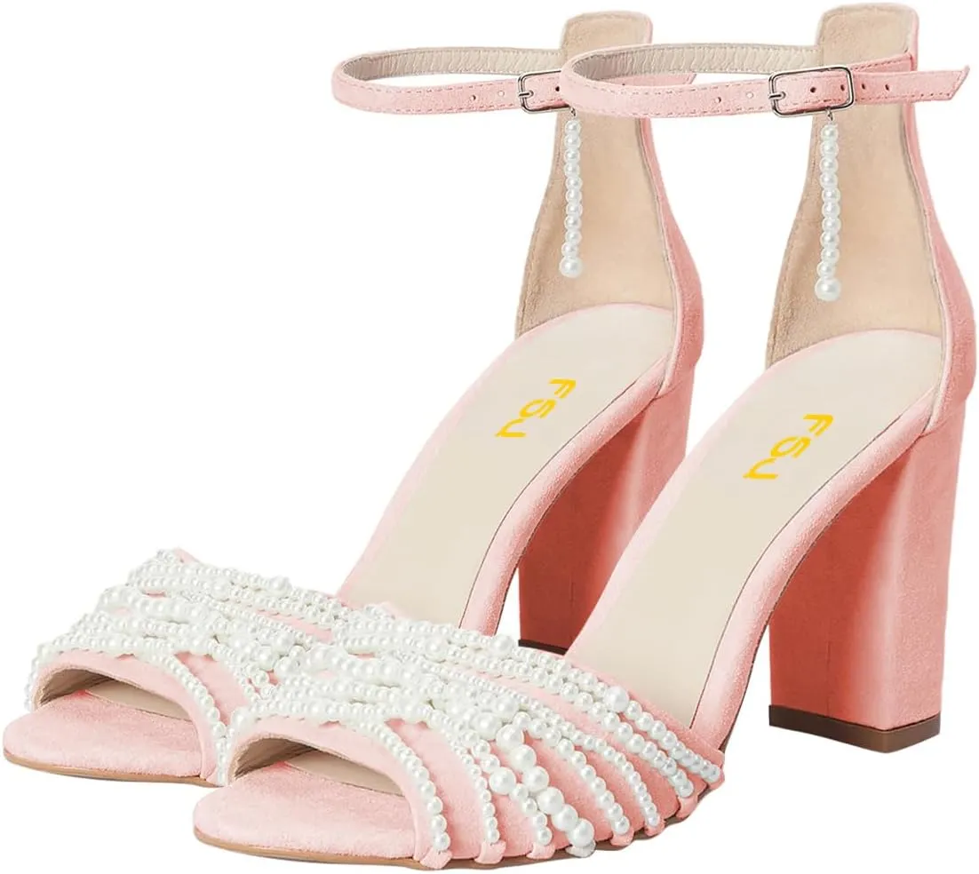FSJ Women Multiple Pearl Strings Embellished Peep Open Toe Chunky High Heel Ankle Strap Buckle Sandals Wedding Bridal Party Prom Shoes Size 4-16 US