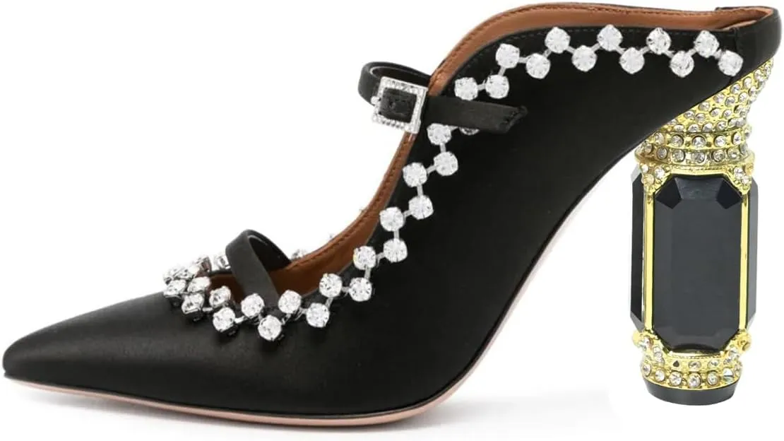 FSJ Women Pointed Toe Mules Chunky High Heels Sandals Pumps Slip On Two Strap Chic Crystal Block Heels Backless Casual Dressy Shoes Size 4-16 US
