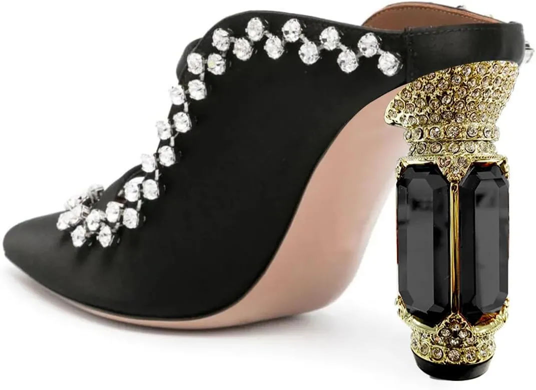FSJ Women Pointed Toe Mules Chunky High Heels Sandals Pumps Slip On Two Strap Chic Crystal Block Heels Backless Casual Dressy Shoes Size 4-16 US