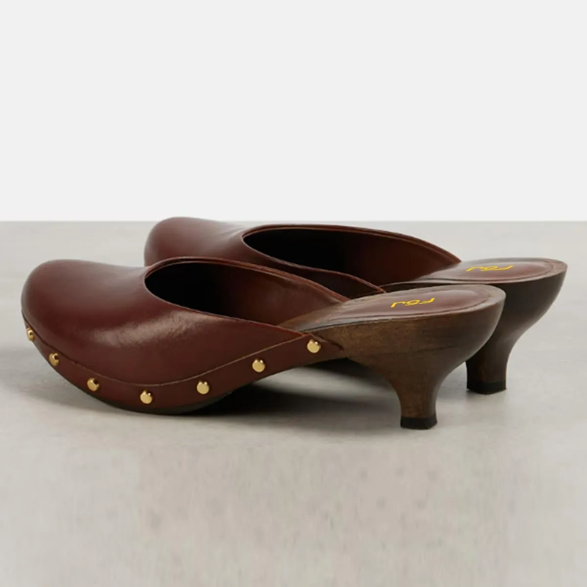 FSJ Women Retro Round Closed Toe Mules Wooden Kitten Heel Trendy Studded Slide Sandals Vintage Dressy Pumps Shoes Size 4-16 US