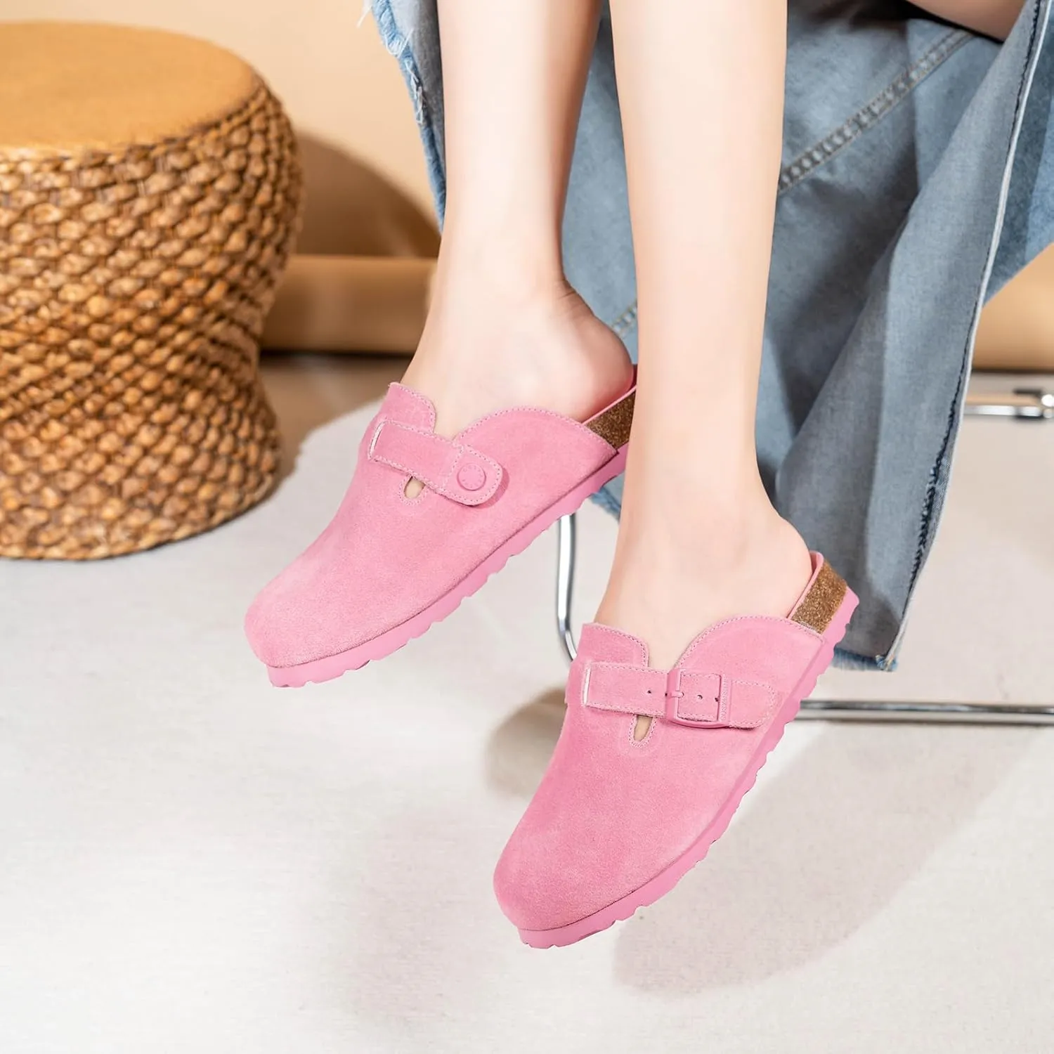 Full Range of Sizes Women's and Men's Cork Suede Clogs and Mules,Soft Leather Sandal,House Slipper,Skin-Friendly Footbed,Adjustable Buckle,Arch Support,Pink 6