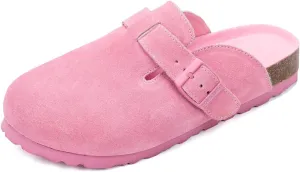 Full Range of Sizes Women's and Men's Cork Suede Clogs and Mules,Soft Leather Sandal,House Slipper,Skin-Friendly Footbed,Adjustable Buckle,Arch Support,Pink 6