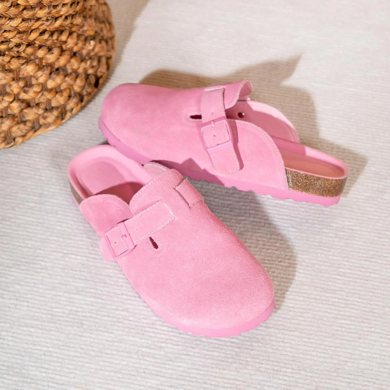 Full Range of Sizes Women's and Men's Cork Suede Clogs and Mules,Soft Leather Sandal,House Slipper,Skin-Friendly Footbed,Adjustable Buckle,Arch Support,Pink 6
