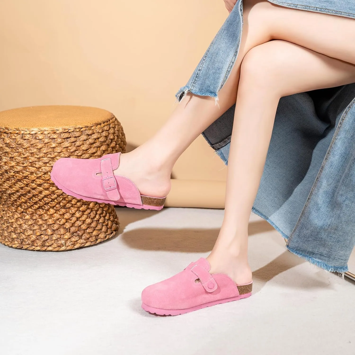 Full Range of Sizes Women's and Men's Cork Suede Clogs and Mules,Soft Leather Sandal,House Slipper,Skin-Friendly Footbed,Adjustable Buckle,Arch Support,Pink 6