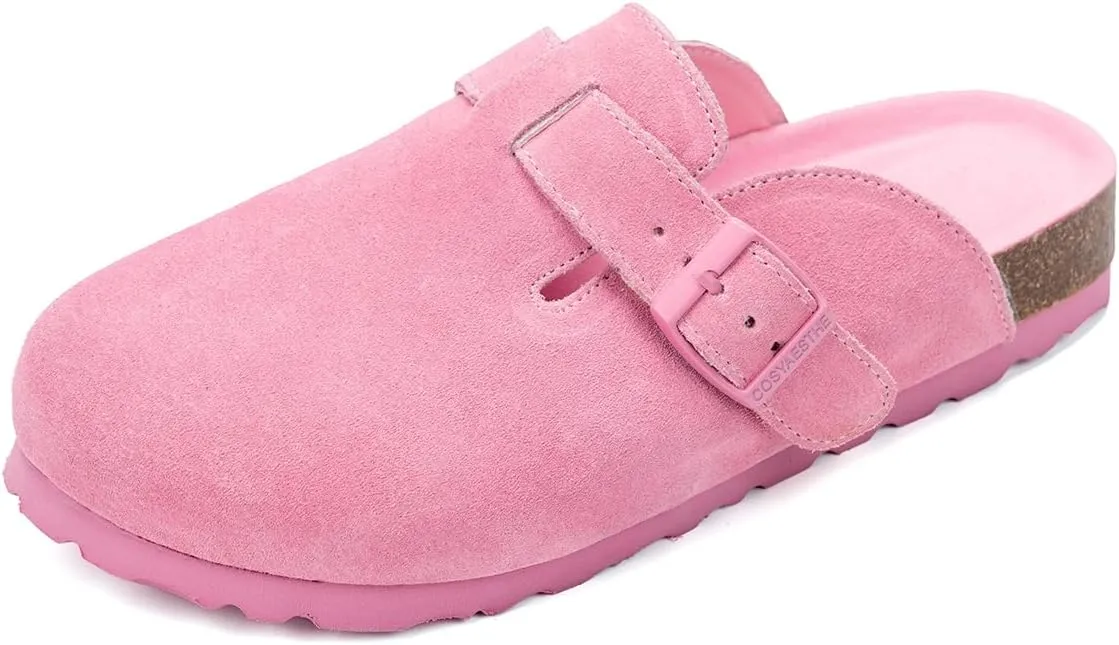 Full Range of Sizes Women's and Men's Cork Suede Clogs and Mules,Soft Leather Sandal,House Slipper,Skin-Friendly Footbed,Adjustable Buckle,Arch Support,Pink 6