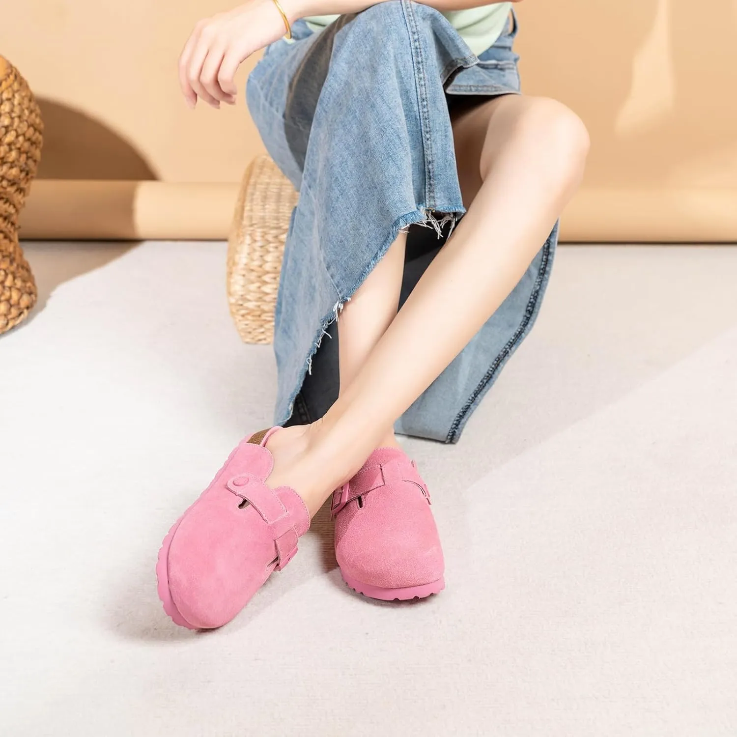 Full Range of Sizes Women's and Men's Cork Suede Clogs and Mules,Soft Leather Sandal,House Slipper,Skin-Friendly Footbed,Adjustable Buckle,Arch Support,Pink 6