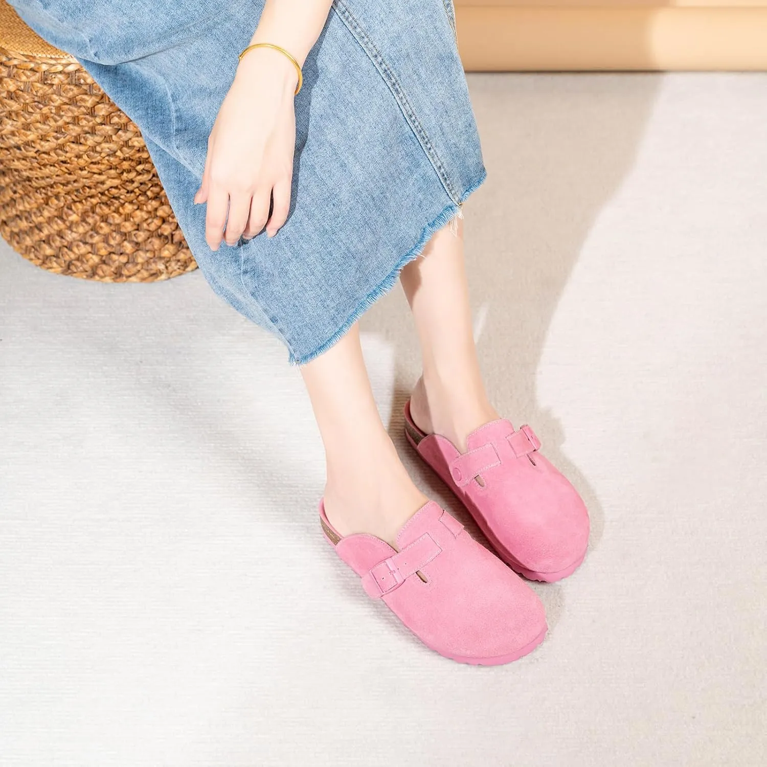 Full Range of Sizes Women's and Men's Cork Suede Clogs and Mules,Soft Leather Sandal,House Slipper,Skin-Friendly Footbed,Adjustable Buckle,Arch Support,Pink 6