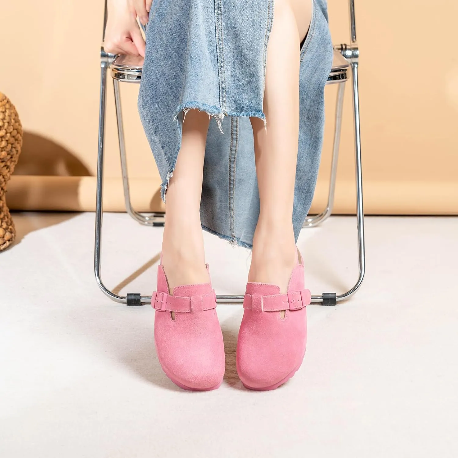 Full Range of Sizes Women's and Men's Cork Suede Clogs and Mules,Soft Leather Sandal,House Slipper,Skin-Friendly Footbed,Adjustable Buckle,Arch Support,Pink 6