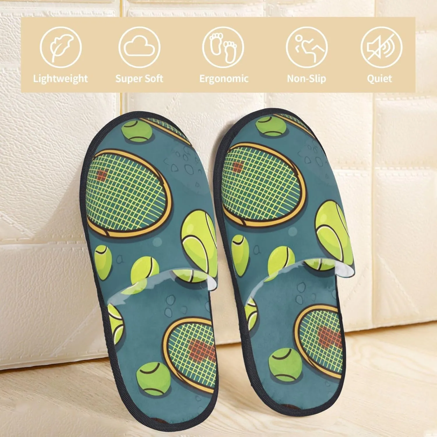 Funny Tennis Racquets and Tennis Balls Women's Fuzzy Slippers Slip-on Slipper Soft Comfy Bedroom Slippers Non-slip House Shoes