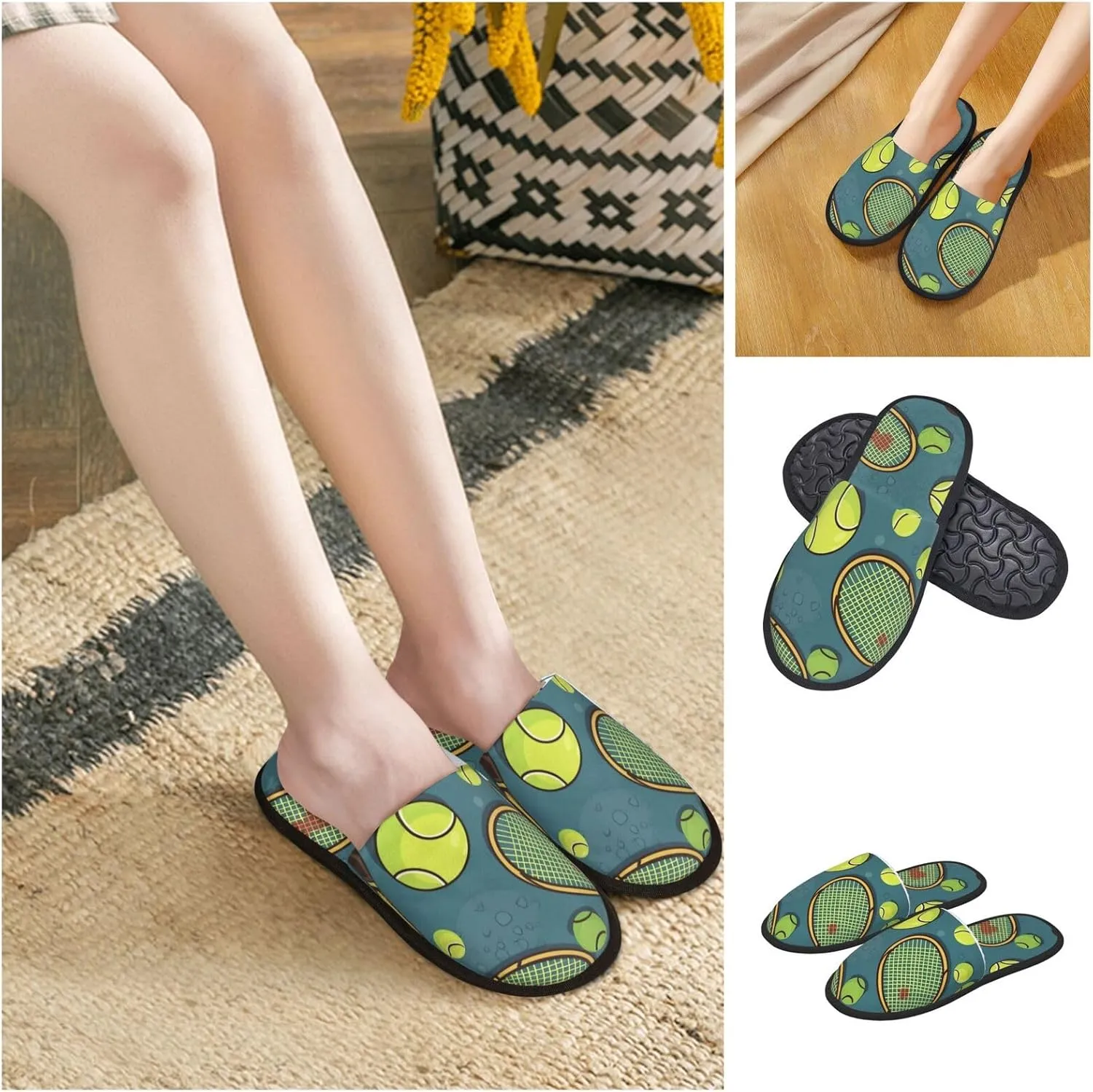 Funny Tennis Racquets and Tennis Balls Women's Fuzzy Slippers Slip-on Slipper Soft Comfy Bedroom Slippers Non-slip House Shoes