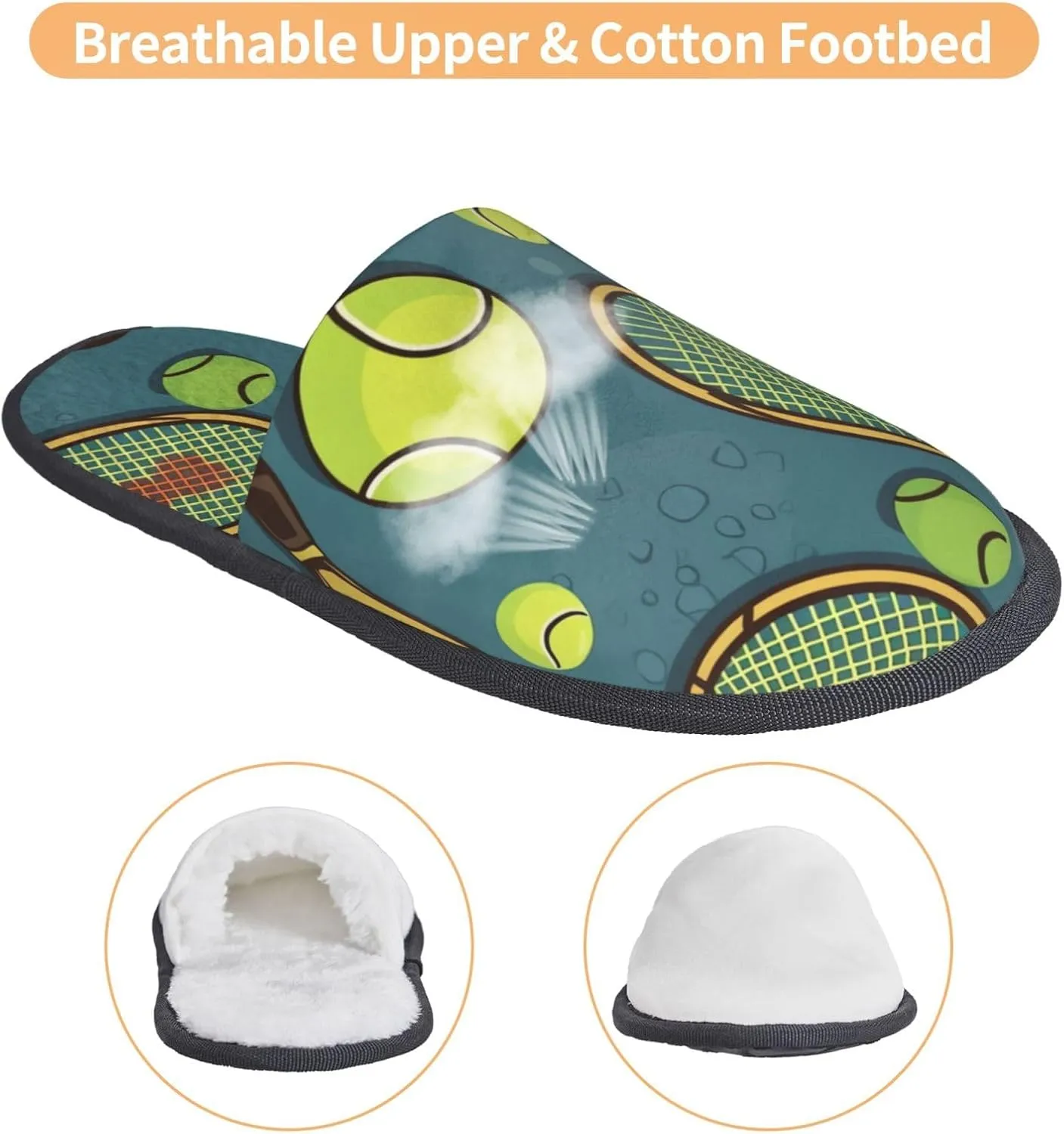 Funny Tennis Racquets and Tennis Balls Women's Fuzzy Slippers Slip-on Slipper Soft Comfy Bedroom Slippers Non-slip House Shoes